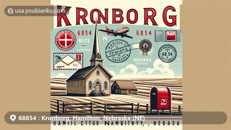Modern wide-format illustration of Kronborg, Hamilton County, Nebraska, celebrating postal code 68854 with Danish heritage in architecture and symbols, showcasing Kronborg Church and Nebraska plains.
