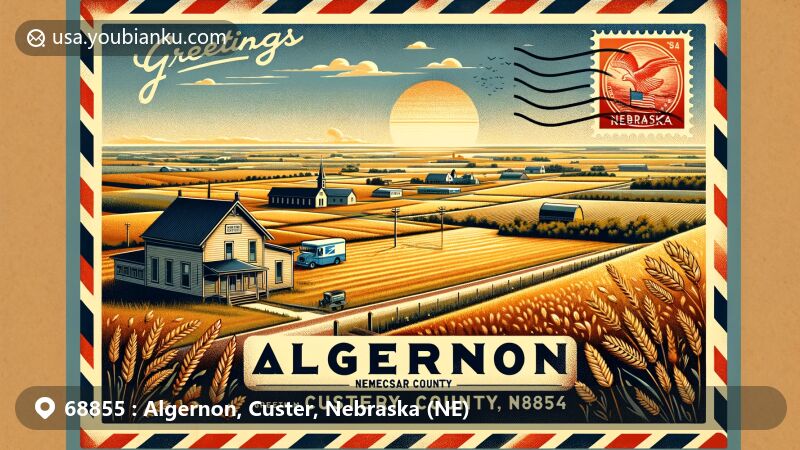 Modern illustration of Algernon, Custer County, Nebraska, capturing the agricultural beauty and historic landmarks, featuring Mason City School and the vast open spaces, with a vintage airmail envelope showcasing Nebraska state flag.