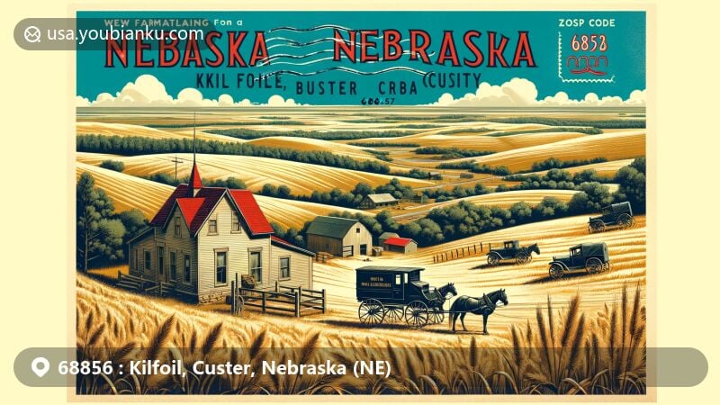 Modern illustration of Kilfoil, Custer County, Nebraska, highlighting rural beauty and agricultural heritage, integrating Merna village, featuring Benjamin and Mary Kellenbarger House, and honoring postal legacy with antique carriage or mailbox, vintage postcard elements, and postal details.