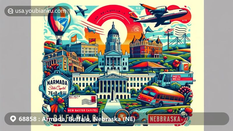 Modern illustration of Armada, Buffalo, Nebraska, showcasing postal theme with ZIP code 68858, featuring Nebraska State Capitol and Kearney Downtown Historic District.
