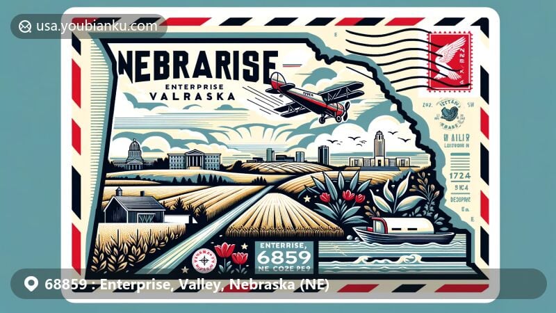 Modern illustration of Enterprise, Valley, Nebraska (NE), showcasing postal theme with ZIP code 68859, featuring iconic Nebraska landmarks and natural beauty.