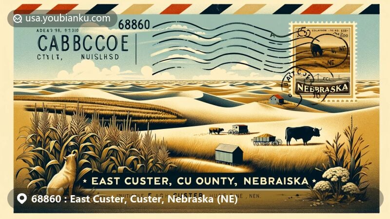 Modern illustration of East Custer in Custer County, Nebraska, capturing the essence of the Sandhills with rolling sand dunes, prairie grasses, corn fields, and beef cattle. Depicts the historic Sod House era and vintage air mail envelope design with Nebraska state flag stamp and '68860 East Custer, NE'.
