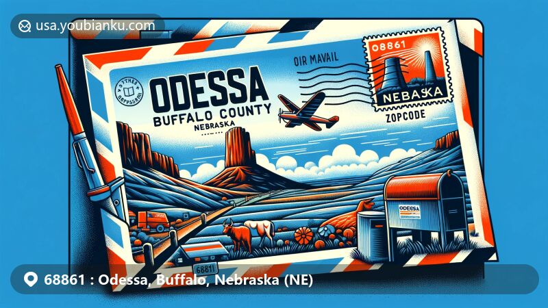 Vibrant illustration of Odessa community in Buffalo County, Nebraska, with ZIP code 68861. Central air mail envelope showcases Chimney Rock stamp, symbolizing state's history and natural beauty, surrounded by local landscape and landmarks, including Nebraska's flat terrain and Odessa community representation. State flag and traditional mailbox enhance postal theme.