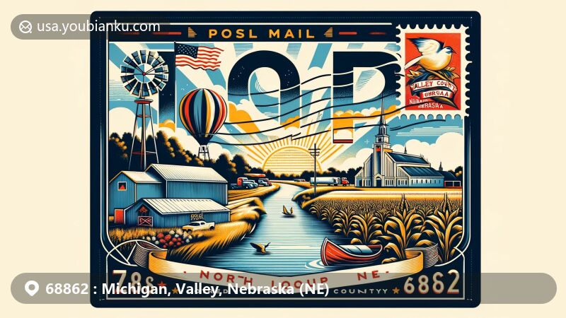 Modern illustration of Ord area in Nebraska with postal theme showcasing North Loup River, Valley County Fairgrounds, and Nebraska state symbols.