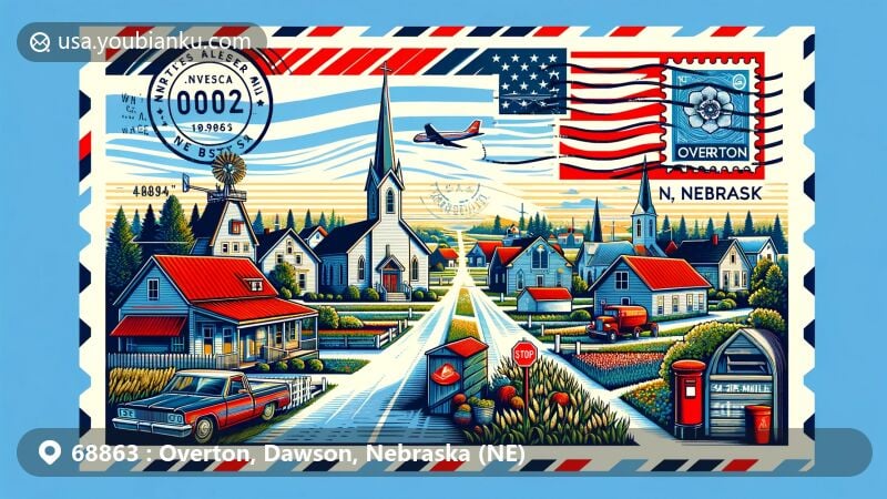 Modern illustration of Overton, Nebraska, in Dawson County, showcasing rural charm with Overton Post Office and Holy Rosary Church, integrated into an air mail envelope with Nebraska state flag in the background.