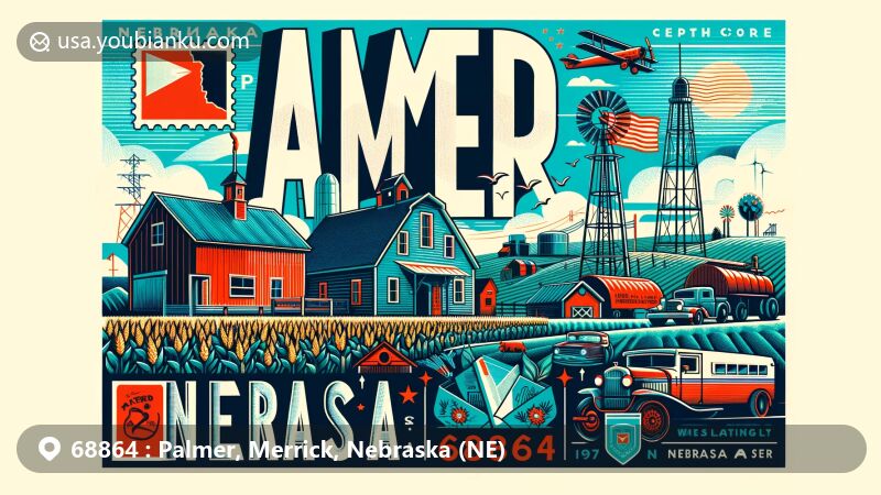 Modern illustration of Palmer, Nebraska area with ZIP code 68864, featuring postcard or air mail envelope theme, rural village atmosphere, agricultural fields, and Nebraska state symbols.