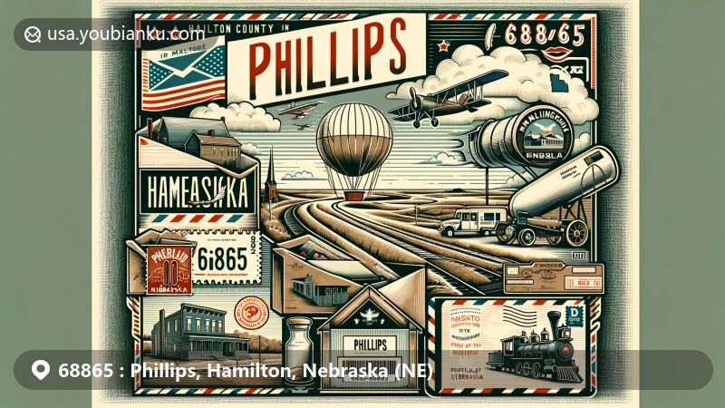 Modern illustration of Phillips, Hamilton County, Nebraska, showcasing postal theme with ZIP code 68865, featuring vintage air mail elements, Nebraska state flag, and Midwestern town symbols.