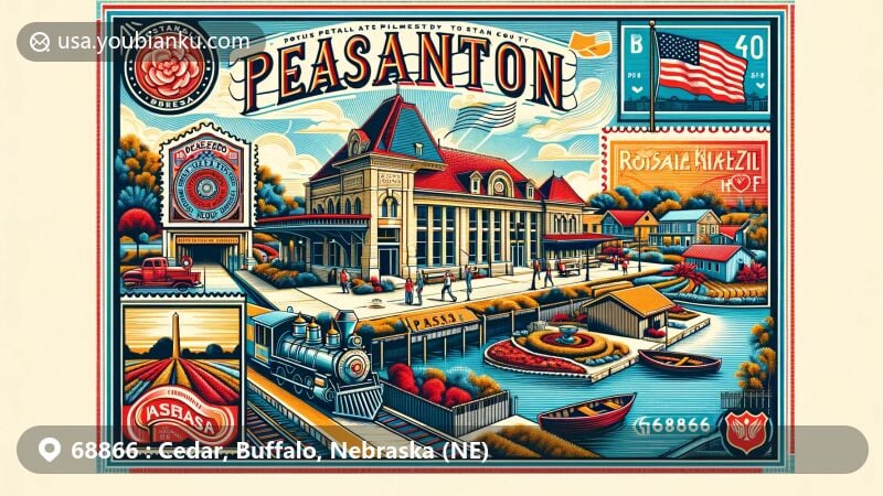 Modern illustration of Pleasanton, Buffalo County, Nebraska, highlighting historic Pleasanton Railroad Depot and Rosalia Klein Park, featuring Nebraska state symbols and postal theme with ZIP code 68866.