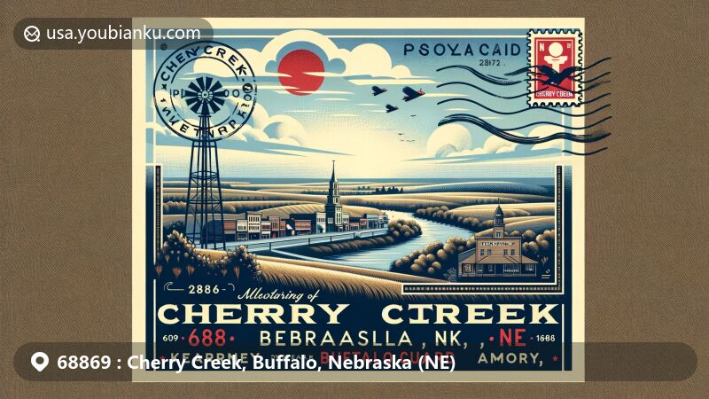 Modern illustration of Cherry Creek, Buffalo County, Nebraska, featuring postal theme with ZIP code 68869, highlighting rural landscape and historical landmarks.