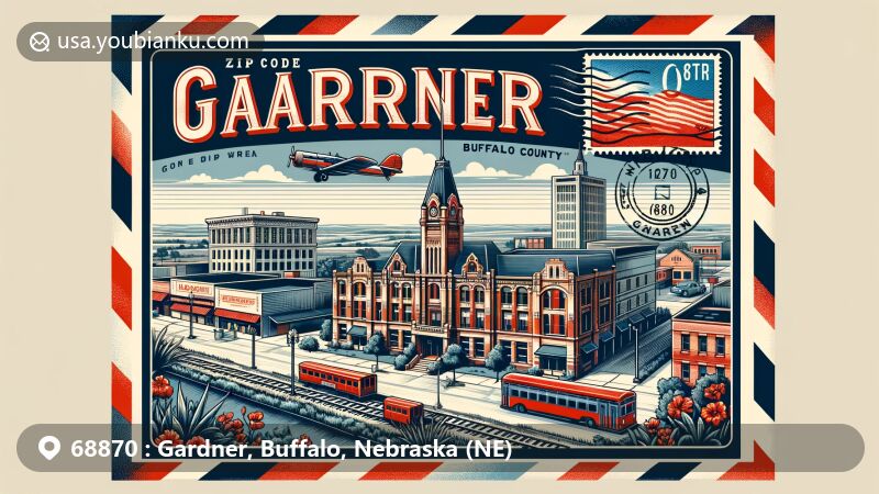 Modern illustration of Kearney Downtown Historic District and Kearney National Guard Armory in Gardner, Buffalo County, Nebraska, showcasing postal theme with ZIP code 68870, featuring Nebraska state flag, airmail envelope border, and scenic landscape.