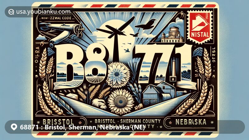 Modern illustration of Bristol, Sherman County, Nebraska, featuring a vintage airmail envelope with ZIP code 68871, showcasing Nebraska state flag, Sherman County silhouette, agricultural symbols, Chimney Rock, and postal stamp with state bird and flower.