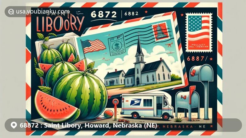 Modern illustration of Saint Libory, Nebraska, with postal theme depicting postal envelope revealing postcard showcasing local symbols like fresh produce market and Saint Libory Catholic Church.