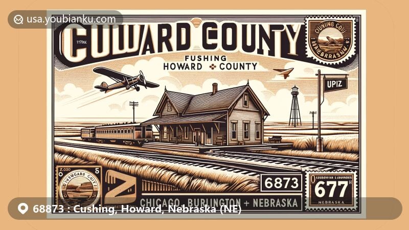 Modern illustration of Cushing, Howard County, Nebraska, displaying historic railway station and postal theme with ZIP code 68873, capturing the rural charm and local history of the area.
