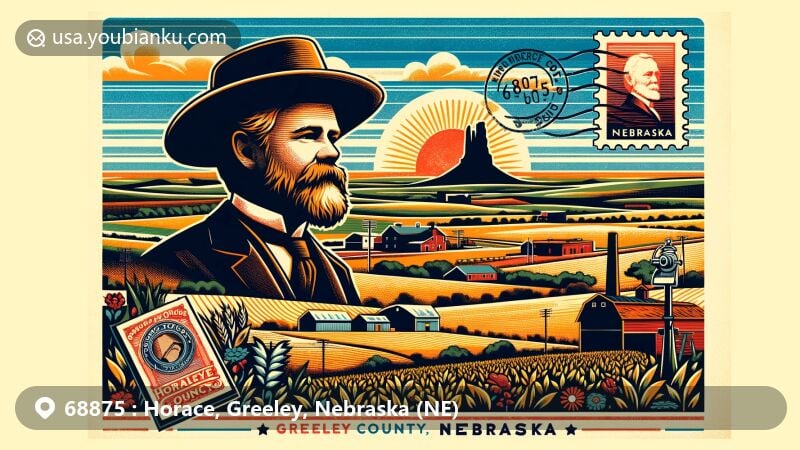Modern illustration of Horace, Greeley County, Nebraska (NE), showcasing rural allure and significance of the region, featuring Nebraska landscape, Horace Greeley, Chimney Rock, and postal service symbols.