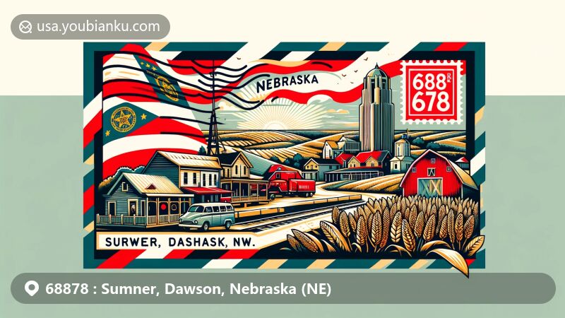 Modern illustration of Sumner, Dawson County, Nebraska, with ZIP code 68878, embracing regional charm and Nebraska state symbols.