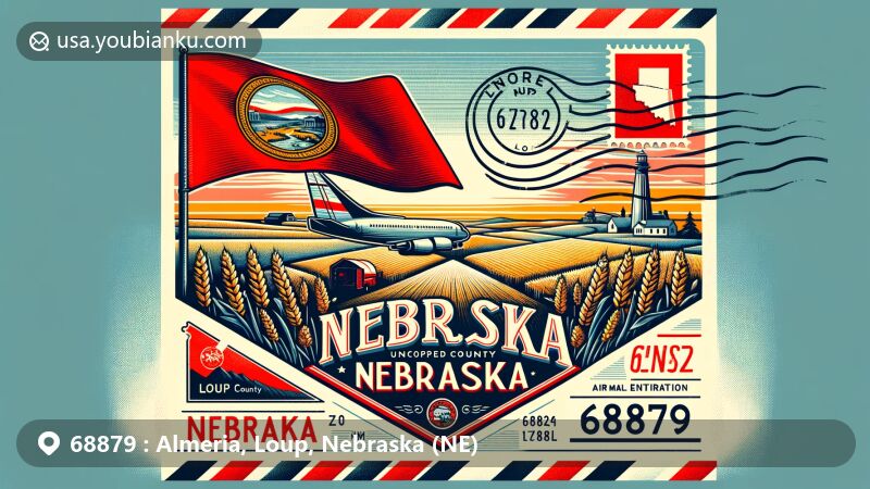 Modern illustration of Almeria, Loup County, Nebraska, featuring vibrant postcard and air mail envelope theme with Nebraska plains, state flag, and ZIP code 68879.