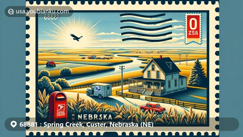 Modern illustration of Spring Creek, Custer County, Nebraska, depicting scenic beauty with extensive plains, rivers, and rural charm, featuring Stillman P. Groat House and Nebraska state symbols.