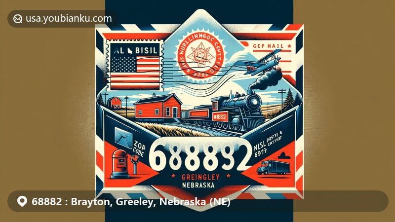 Modern illustration of Brayton, Greeley, Nebraska, with postal theme highlighting ZIP code 68882, featuring the flag of Nebraska, Greeley County silhouette, vintage post office, railroad, stamp with ZIP code, postal mark, and classic postal elements.