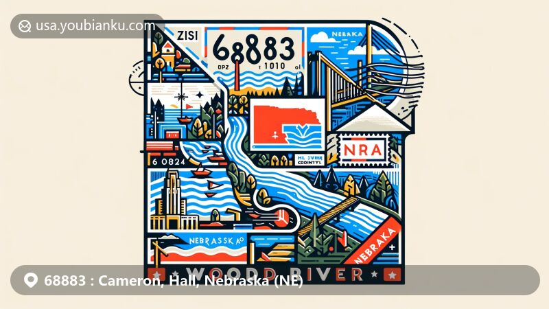 Modern illustration of Wood River, Hall County, Nebraska, showcasing postal theme with ZIP code 68883, featuring Wood River and Platte River, Nebraska state postal stamp, and railroad history.