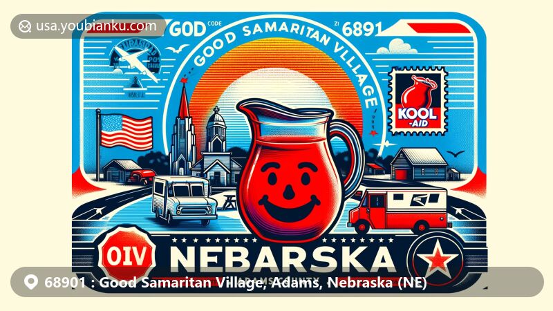 Creative and vibrant illustration of Good Samaritan Village, Adams County, Nebraska, showcasing iconic elements like Hastings, birthplace of Kool-Aid, Nebraska state flag, and postal theme with ZIP code 68901.