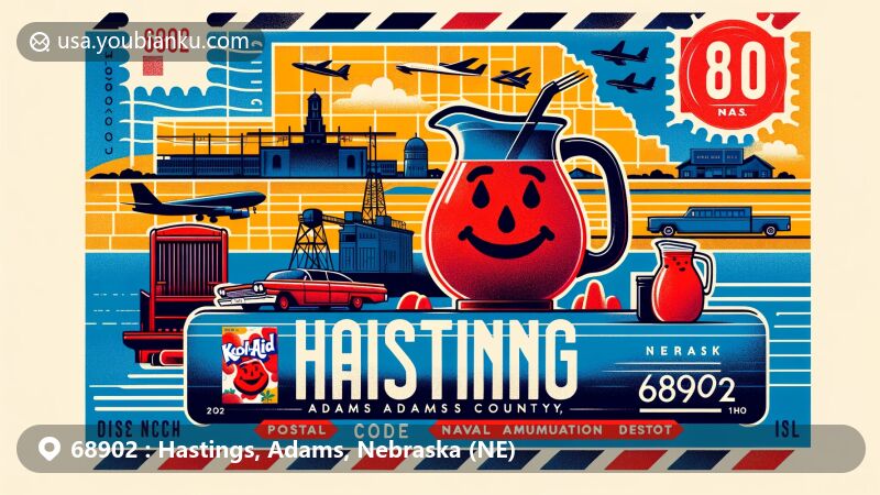 Vibrant illustration of postal code 68902, representing Hastings, Adams County, Nebraska, blending iconic symbols like Kool-Aid and the Naval Ammunition Depot, with a nod to the agricultural landscape and postal theme.