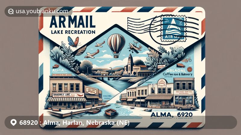 Vibrant modern illustration of Alma, Nebraska, ZIP Code 68920, blending postal theme with local features like Harlan County Lake Recreation Area, downtown shops, and dining spots like Dragonfly Coffee House & Bakery.