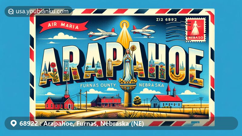 Modern illustration of Arapahoe, Furnas County, Nebraska, featuring Our Lady of Fatima Shrine, Veterans Freedom Wall, and Furnas-Gosper Museum, capturing rural tranquility and wide open plains, framed like an air mail envelope with Nebraska state flag and postal mark.