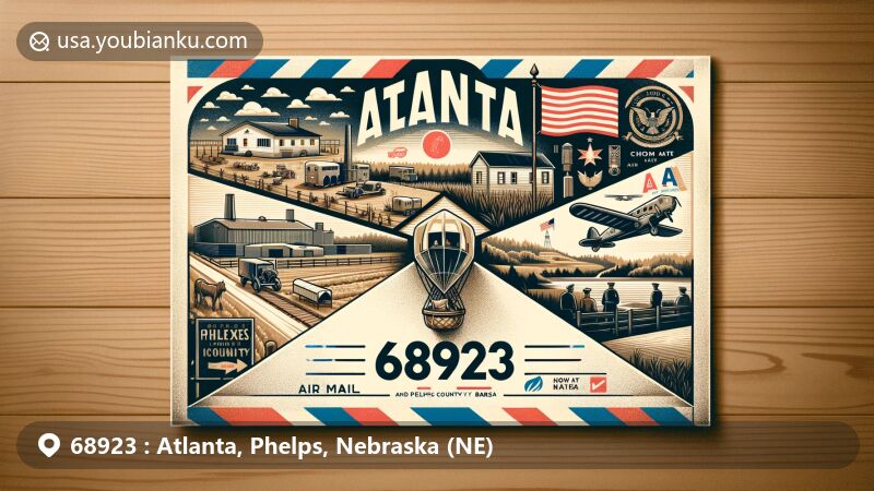 Modern illustration of Atlanta, Nebraska, with ZIP code 68923, featuring vintage air mail envelope symbolizing communication, Nebraska state flag, Phelps County outline, Camp Atlanta, rural landscape, and community symbols.