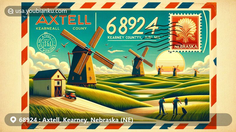 Modern illustration of Axtell, Kearney County, Nebraska, known as 'Windmill City,' showcasing iconic windmills and village landscapes. Featuring Awarii Dunes Golf Club with its beautiful and undulating prairie golf course terrain, and golfers enjoying the game. The foreground presents a vintage airmail envelope opening to reveal this scene, prominently labeled with the postal code '68924,' accompanied by a decorative stamp symbolizing Nebraska, such as its state flag or iconic corn emblem. This artwork conveys a sense of community and the tranquil beauty of Nebraska's rural landscape, using a vibrant and earthy color palette, suitable for web use, designed to highlight the postal and regional characteristics of Axtell, Nebraska.