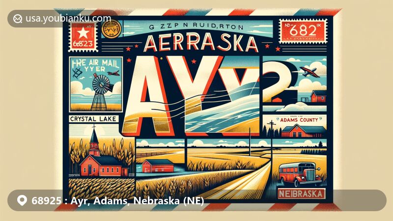 Modern illustration of Ayr, Nebraska, featuring Great Plains backdrop, Crystal Lake, vintage postcard frame with ZIP Code 68925, air mail elements, and Nebraska state symbols.