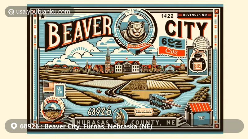 Creative postcard illustration of Beaver City, Furnas County, Nebraska, featuring postal theme with ZIP code 68926, showcasing Nebraska state flag and Furnas County outline.