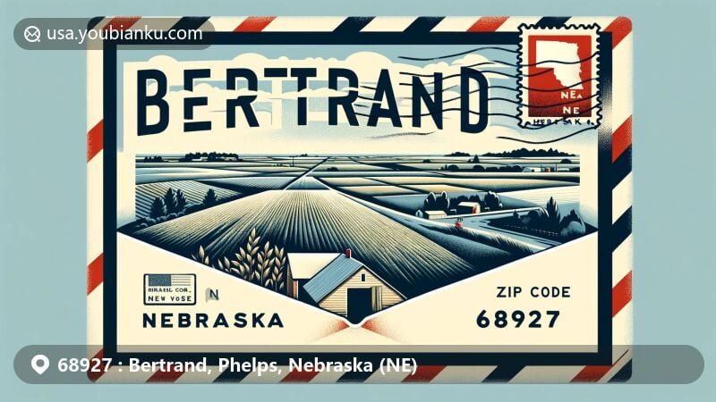 Modern illustration of Bertrand, Phelps County, Nebraska, capturing the essence of ZIP code 68927. Features Nebraska landscapes with clear skies and agricultural fields, alongside a stylized airmail envelope displaying the ZIP code '68927' and vintage stamp with Nebraska silhouette, postmark 'Bertrand, NE'.