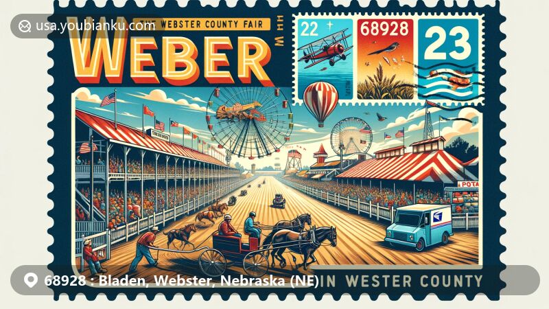 Modern illustration of Bladen, Webster County, Nebraska, showcasing elements of the Webster County Fair, postal themes, and the ZIP code 68928, featuring fair symbols like the grandstand, horse races, agricultural exhibits, ferris wheel, and postal elements like vintage air mail envelope, stamps, postal truck, and a ZIP code label.