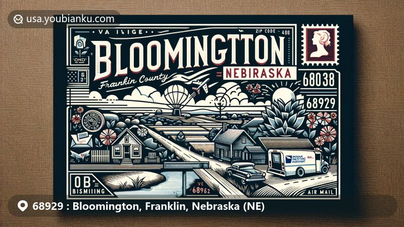 Modern illustration of Bloomington, Franklin County, Nebraska, showcasing postal theme with ZIP code 68929, featuring village coordinates and Nebraska silhouette.