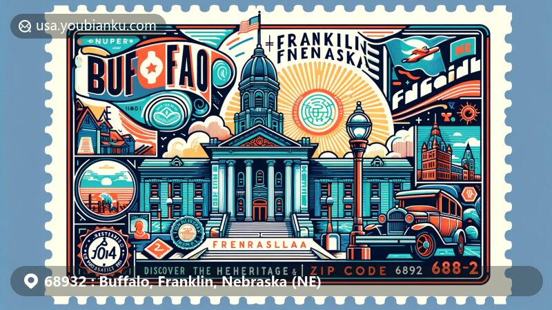 Modern illustration of Buffalo, Franklin County, Nebraska, featuring the iconic Franklin County Courthouse and historical marker, blending postal elements like a postage stamp and postal mark with ZIP code 68932.