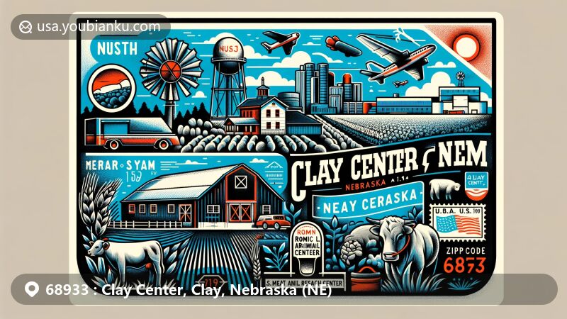 Modern illustration of Clay Center, Nebraska, highlighting ZIP code 68933, featuring Clay County Museum and U.S. Meat Animal Research Center, showcasing agricultural heritage and postal theme.