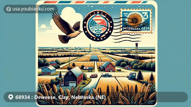 Vintage-style illustration of Deweese, Clay County, Nebraska, representing ZIP code 68934, featuring Great Plains landscape, vintage air mail envelope with Nebraska state symbols, Western Meadowlark and Goldenrod.
