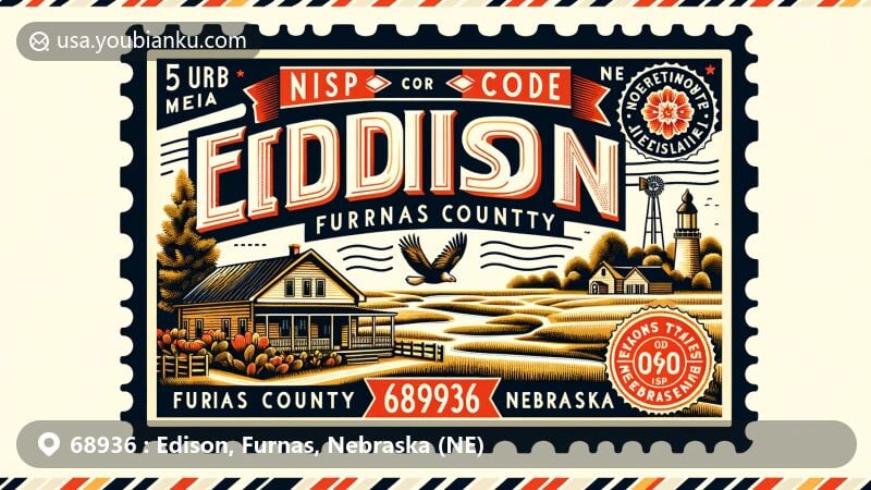 Modern postcard illustration of Edison, Furnas County, Nebraska, with ZIP code 68936, featuring Oxford State Wildlife Management Area and village charm.