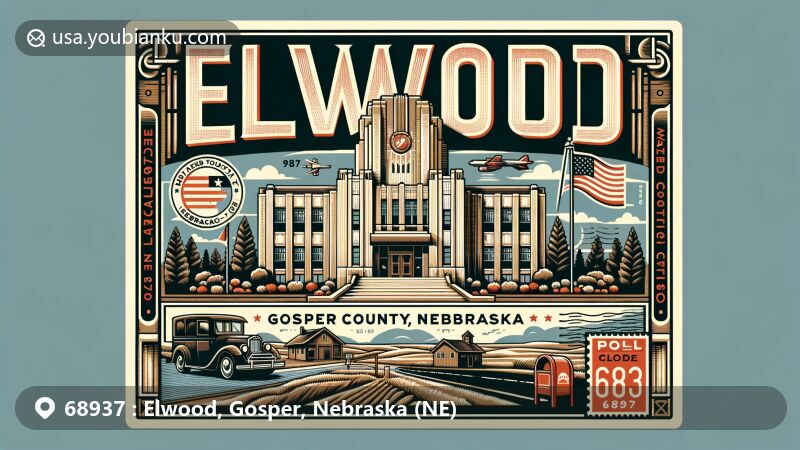 Modern illustration of Elwood, Nebraska, with Art Deco Gosper County Courthouse, Great Plains landscapes, and Elwood Reservoir, featuring vintage postcard design with ZIP Code 68937 and postal elements.
