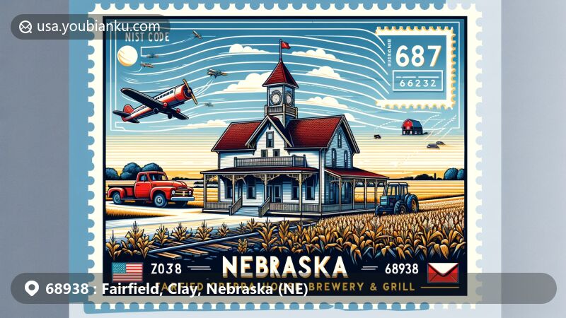 Modern illustration of Fairfield, Clay County, Nebraska, highlighting Fairfield Opera House Brewery & Grill and rural charm of Nebraska, including fields, clear skies, and agricultural elements.