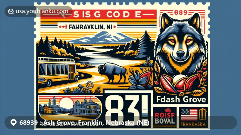 Illustration of Ash Grove, Franklin, Nebraska, showcasing history, culture, and postal elements with landscape of Franklin, featuring the Republican River Valley, bison sightings, Pawnee Indians, agricultural practices, and Wolf People identity, including community amenities like Golf Club, City Library, City Park, and Rose Bowl movie theatre. Postal elements include vintage-style postal card, stamp with ZIP code 68939, postal truck, and mailbox, with state of Nebraska outline and Franklin County highlighted.