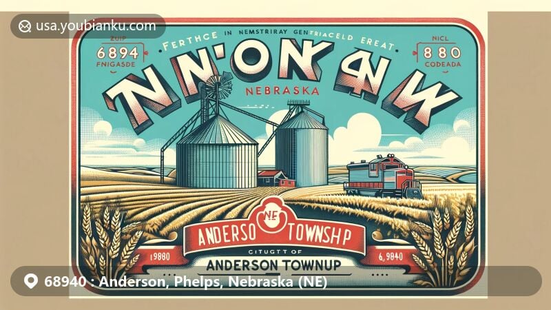 Modern illustration of Funk and Anderson Township, Phelps County, Nebraska, featuring ZIP code 68940, showcasing rural charm, agricultural focus, and small-town feel, with grain elevators and farmland representing the area's essence.