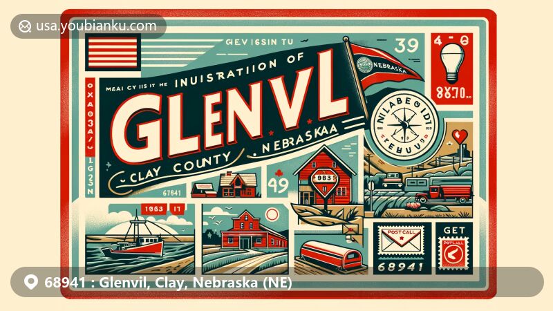 Modern illustration of Glenvil, Clay County, Nebraska, with ZIP code 68941, featuring state flag, Clay County outline, and local landmarks in a postal theme.