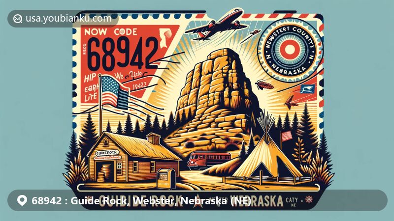 Modern illustration of Guide Rock, Webster County, Nebraska, showcasing postal theme with ZIP code 68942, featuring Pawnee earth lodge and Nebraska state flag.