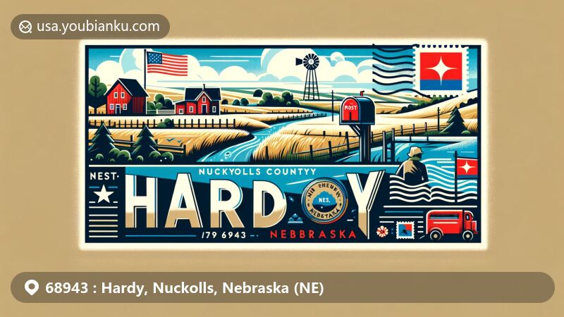 Modern illustration of Hardy, Nebraska, blending rural charm with postal elements, showcasing ZIP code 68943, featuring Nuckolls County, Nebraska state flag, vintage postcard design, postal stamps, postmark, and mailbox.