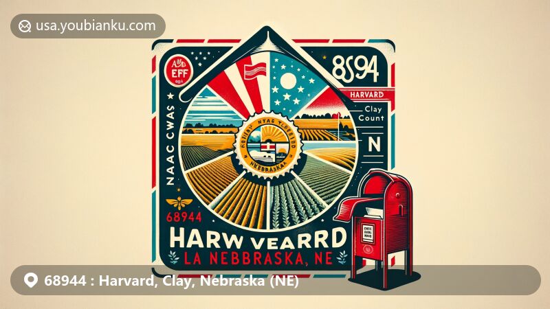 Artistic illustration of ZIP code 68944 in Harvard, Clay County, Nebraska, featuring a vintage airmail envelope with a focus on Nebraska's landscapes and agriculture, showcasing state symbols and a postal stamp with Harvard's details.