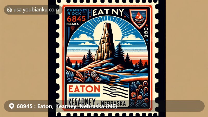 Modern illustration of Eaton, Kearney, Nebraska, featuring Chimney Rock and postal theme with ZIP code 68945, showcasing local flora and fauna.