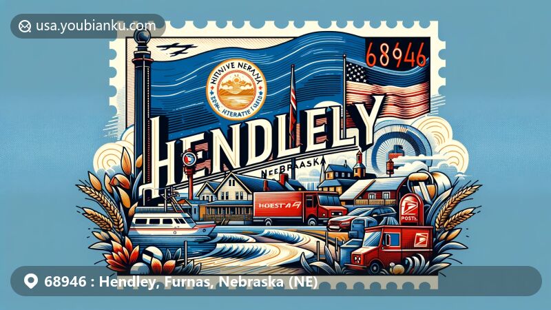 Modern illustration of Hendley, Nebraska, showcasing postal theme with ZIP code 68946, featuring local landmarks and post elements against a backdrop of Nebraska state flag.