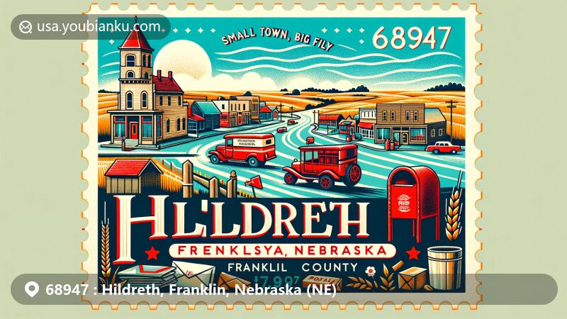Modern illustration of Hildreth, Franklin County, Nebraska, featuring community spirit with the motto 'Small Town, Big Family' and postal theme elements like vintage postage stamp and ZIP code 68947.