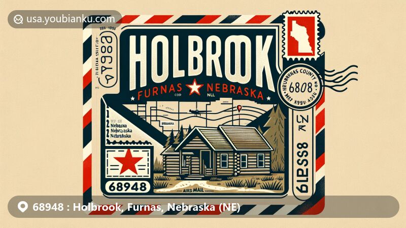 Modern illustration of Holbrook Village, Furnas County, Nebraska, featuring postal theme with ZIP code 68948, showcasing Nebraska map outline, state flag, and local symbols.